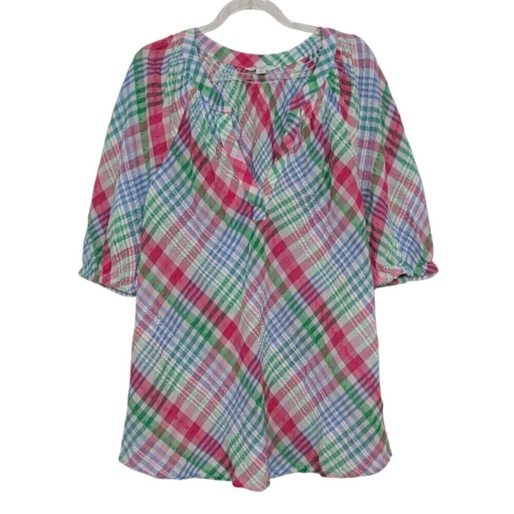 Crown & Ivy Seersucker Plaid Peasant Shirt Womens Size Large Blue Lightweight